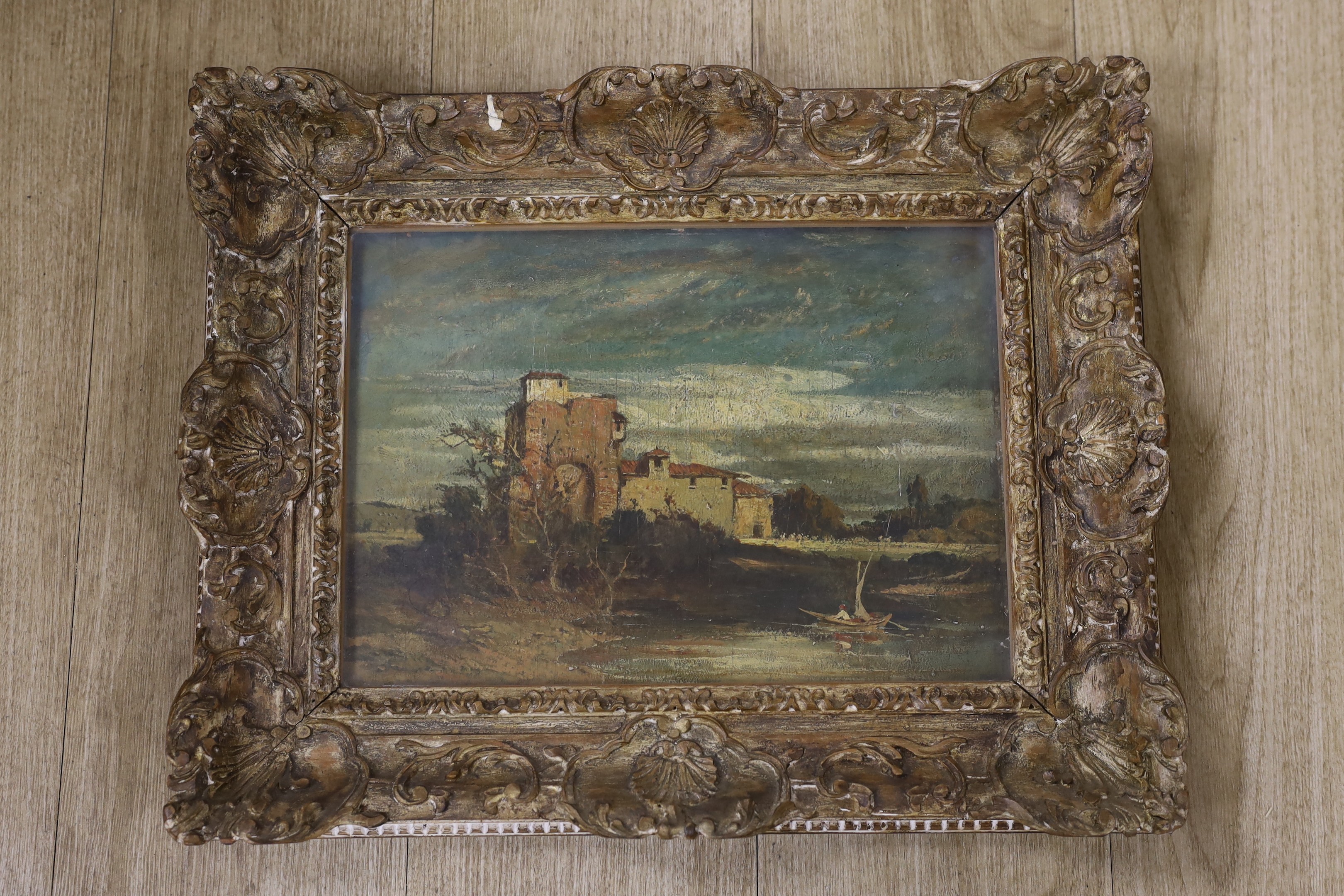 After Constable, oil on panel, French waterside farmstead, 24 x 34.5cm